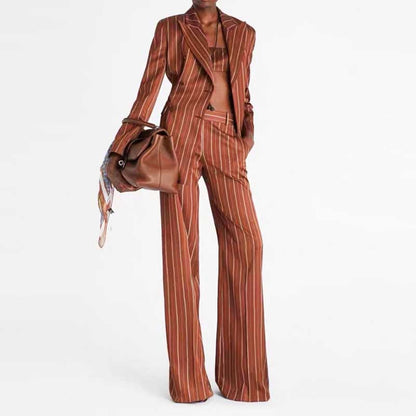 Women's Stripe-Pattern Double-Breasted Blazer Suit Brown Pantsuit