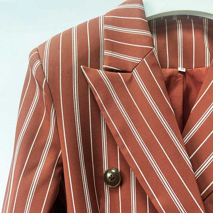 Women's Stripe-Pattern Double-Breasted Blazer Suit Brown Pantsuit