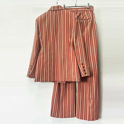Women's Stripe-Pattern Double-Breasted Blazer Suit Brown Pantsuit