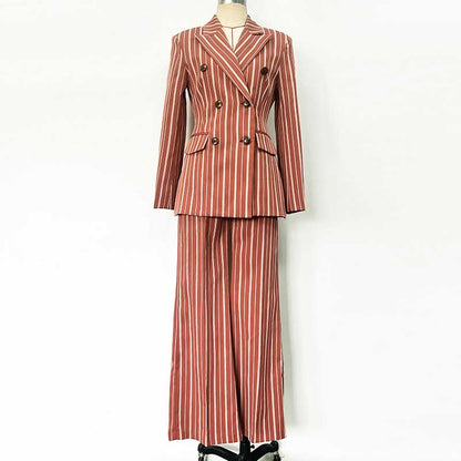 Women's Stripe-Pattern Double-Breasted Blazer Suit Brown Pantsuit