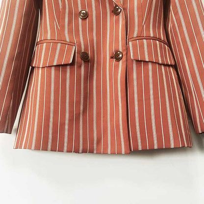 Women's Stripe-Pattern Double-Breasted Blazer Suit Brown Pantsuit