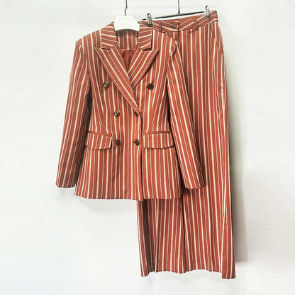 Women's Stripe-Pattern Double-Breasted Blazer Suit Brown Pantsuit