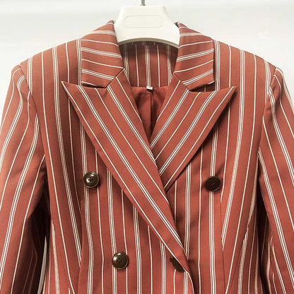 Women's Stripe-Pattern Double-Breasted Blazer Suit Brown Pantsuit