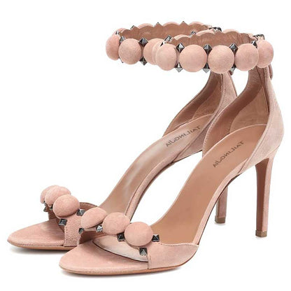 Women's High Heels Sandals Round Ball Rivet Suede Stiletto Heels