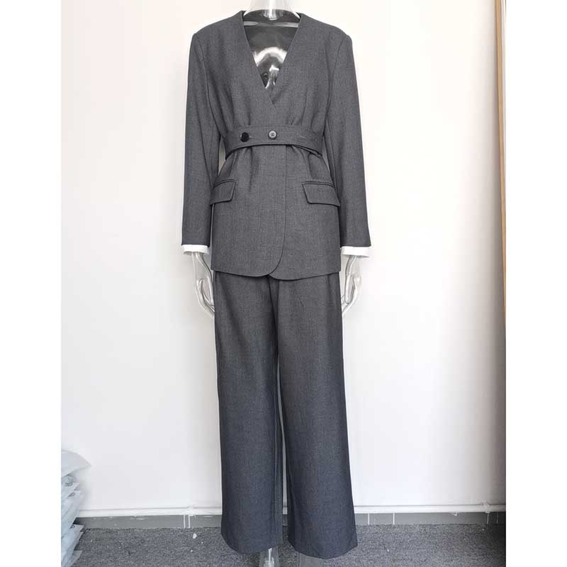 Women's Pantsuit With Belt Formal Event Suit in Black Grey