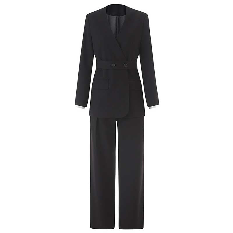 Women's Pantsuit With Belt Formal Event Suit in Black Grey