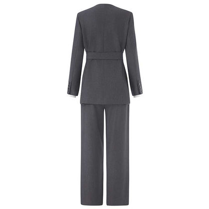 Women's Pantsuit With Belt Formal Event Suit in Black Grey