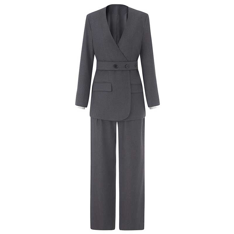 Women's Pantsuit With Belt Formal Event Suit in Black Grey