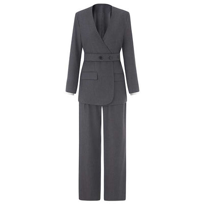Women's Pantsuit With Belt Formal Event Suit in Black Grey