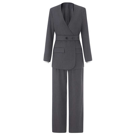 Women's Pantsuit With Belt Formal Event Suit in Black Grey