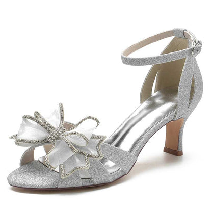 sd-hk women's ankle strap dress sandals with a sparkling silver finish and decorative bow detail