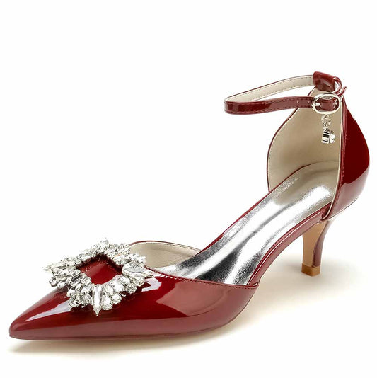 Stylish red women's ankle strap stiletto heels with rhinestone embellishment for elegant occasions