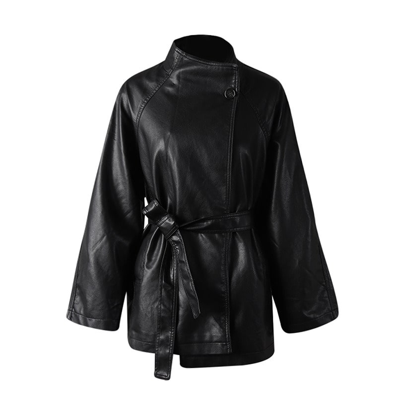 Stylish women's belted leather jacket with pockets featuring a modern design and a flattering fit