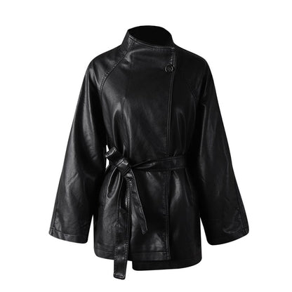 Stylish women's belted leather jacket with pockets featuring a modern design and a flattering fit