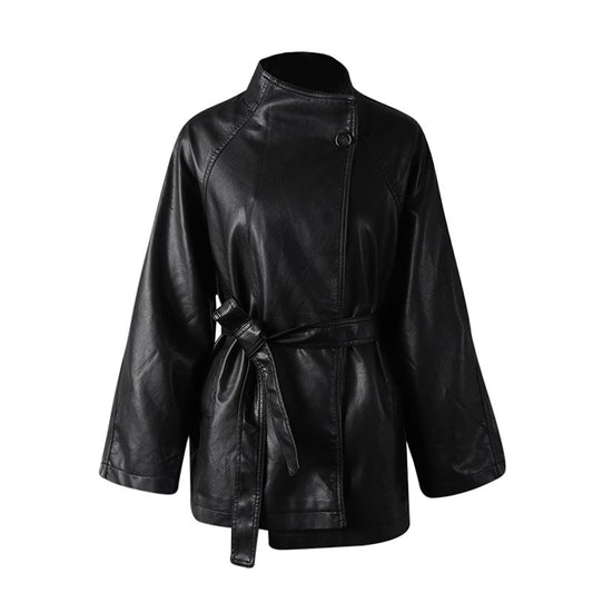Stylish women's belted leather jacket with pockets featuring a modern design and a flattering fit