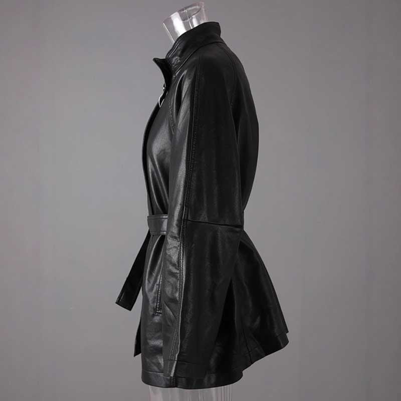 Stylish women's belted leather jacket with pockets in black for a chic and modern look