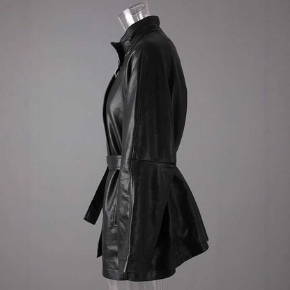 Stylish women's belted leather jacket with pockets in black for a chic and modern look