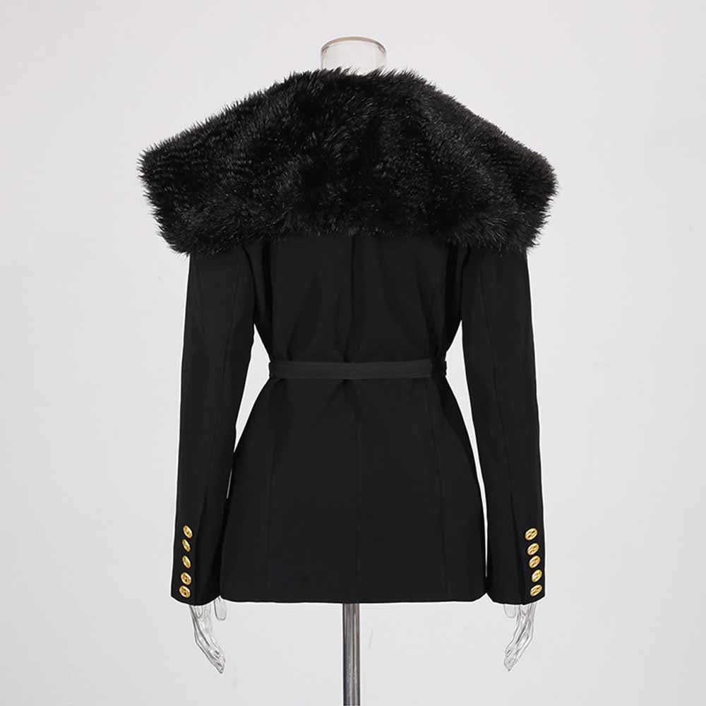 Elegant women's black belted winter coat with fur collar and stylish button details on sleeves