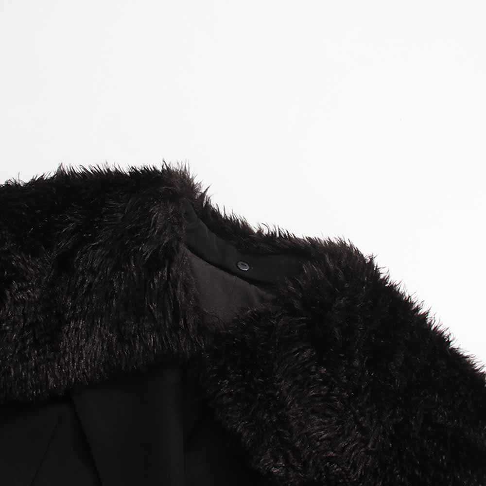 Women's black belted winter coat with fur collar detail for added warmth and style