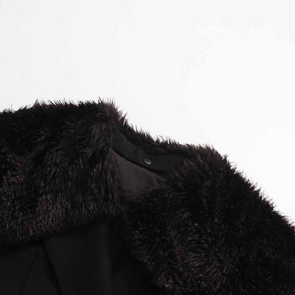 Women's black belted winter coat with fur collar detail for added warmth and style