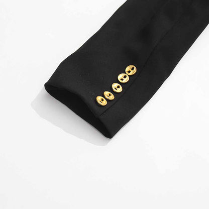 Women's black belted winter coat sleeve detail featuring stylish gold buttons