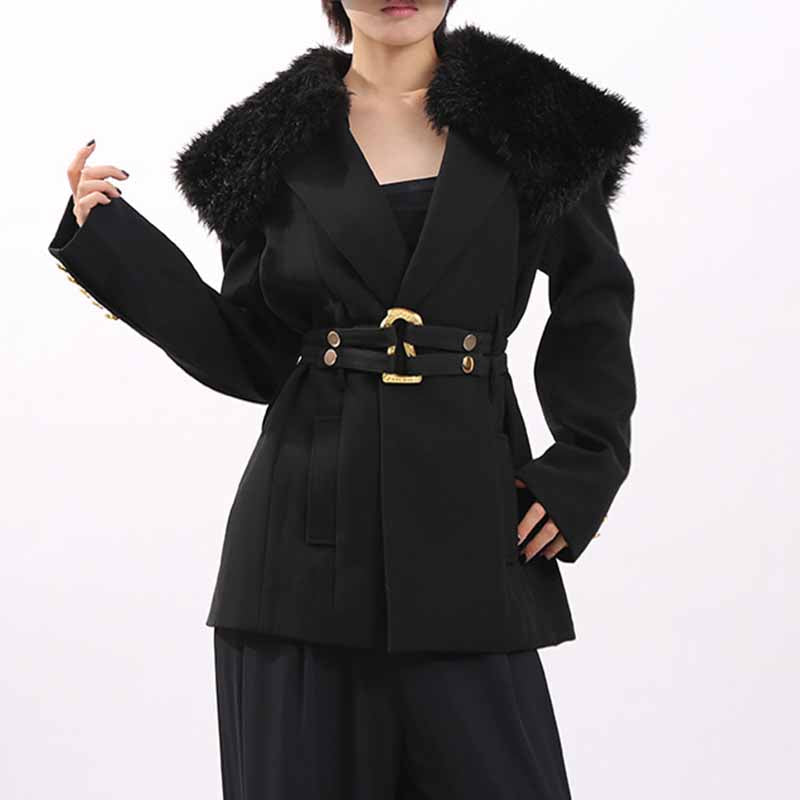Stylish women's black belted winter coat with faux fur collar for a chic winter look