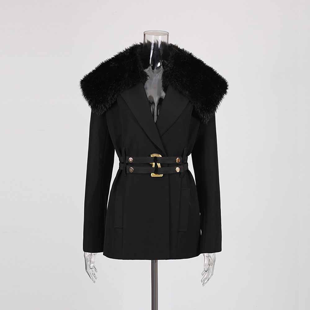 Stylish women's black belted winter coat with a luxurious fur collar for added warmth and elegance