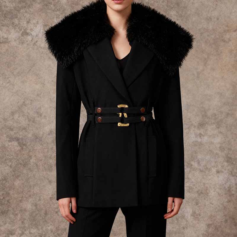 Stylish women's black belted winter coat with faux fur collar for cold weather chic