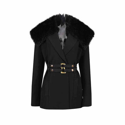 Stylish women's black belted winter coat featuring a faux fur collar and flattering silhouette