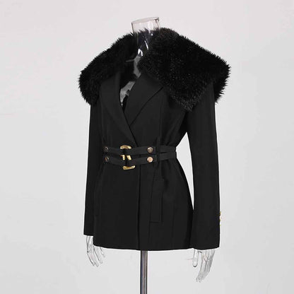 Stylish women's black belted winter coat with a faux fur collar and elegant gold accents