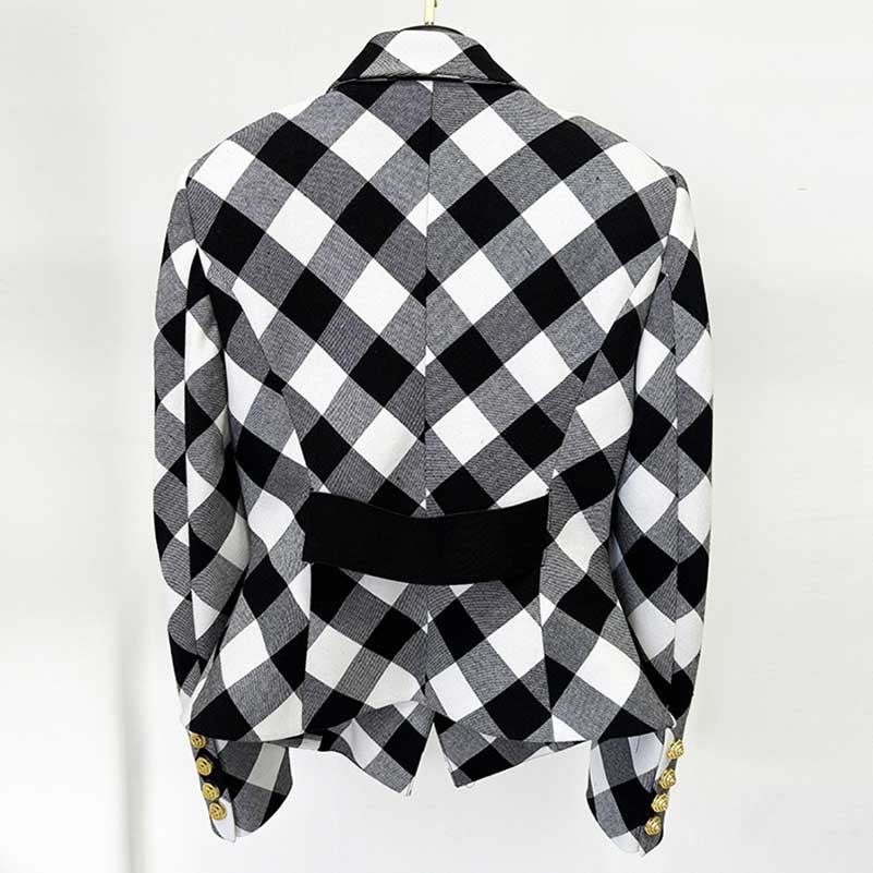 Women's black checked blazer coat featuring a stylish plaid design and gold buttons on the sleeves