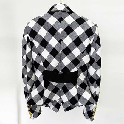 Women's black checked blazer coat featuring a stylish plaid design and gold buttons on the sleeves