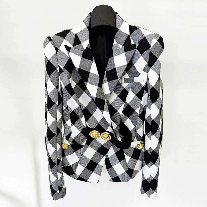 Stylish women's black checked blazer coat with a bold geometric pattern and gold buttons