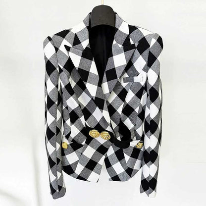 Stylish women's black checked blazer coat with a bold geometric pattern and gold buttons