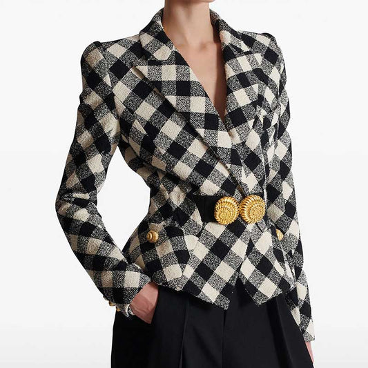 Stylish women's black checked blazer coat with gold button details for a chic look
