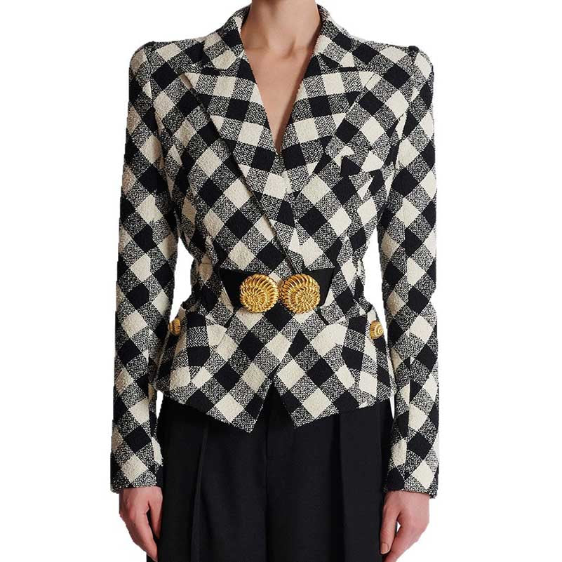 Women's black checked blazer coat with a stylish fitted design and gold button accents