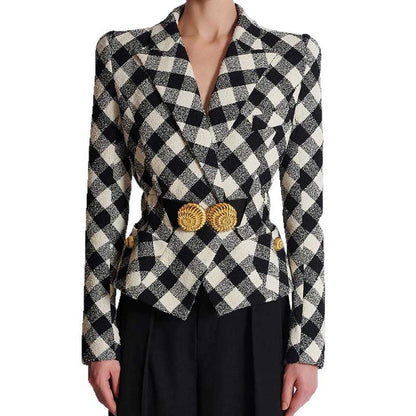 Women's black checked blazer coat with a stylish fitted design and gold button accents