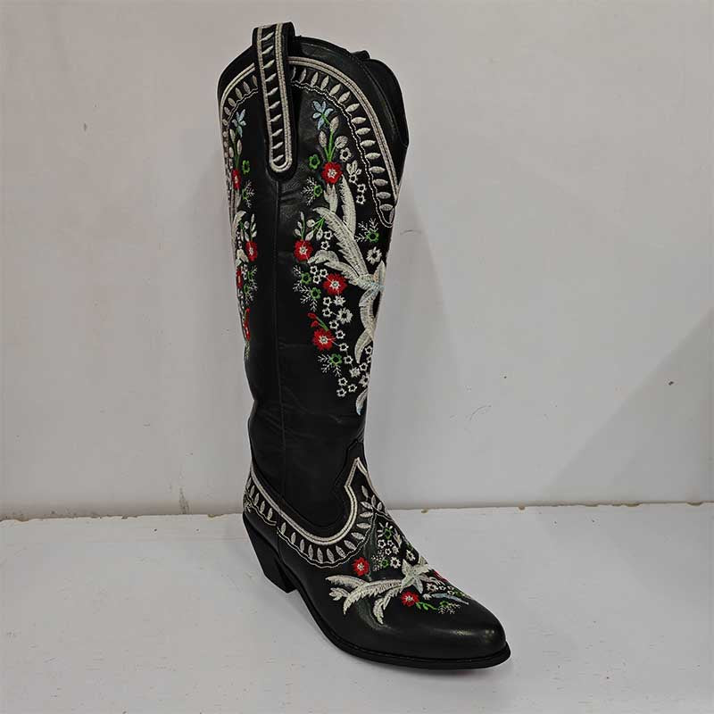 Women's black embroidered cowboy boots with floral designs and intricate stitching for stylish western wear