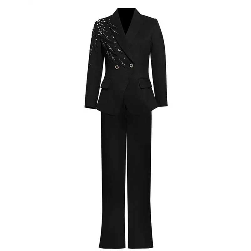 Stylish women's black formal pantsuit with elegant detailing for professional occasions