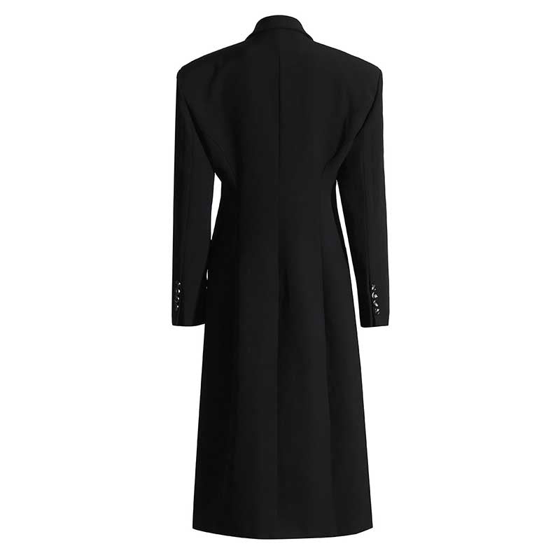 Back view of women's black maxi blazer coat with a tailored fit and elegant design