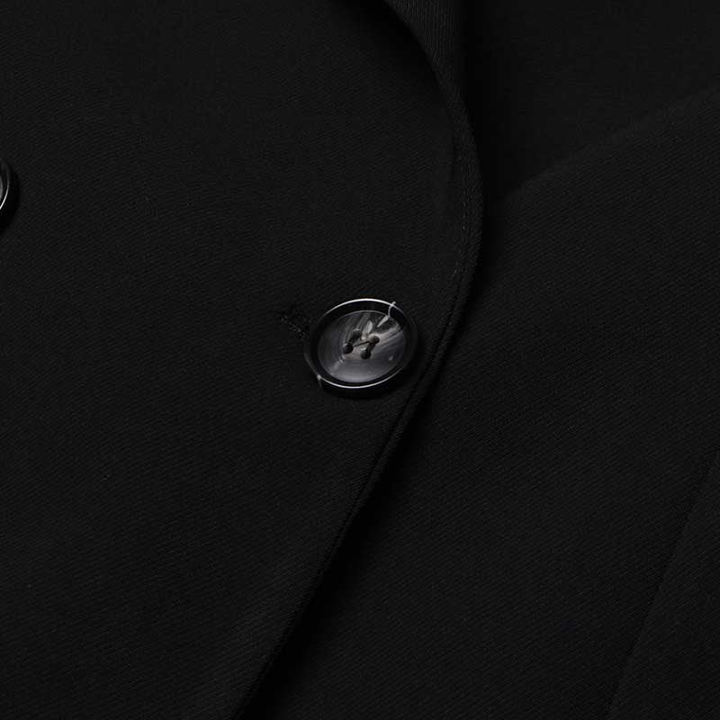 Close-up of women's black maxi blazer coat buttons showcasing stylish design and quality craftsmanship