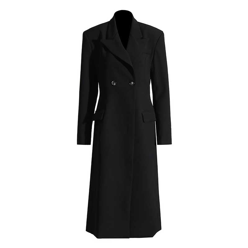 Elegant women's black maxi blazer coat featuring a double-breasted design and structured silhouette