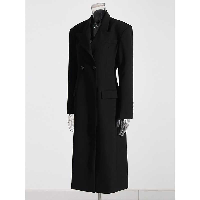 Elegant women's black maxi blazer coat with a double-breasted design and tailored fit