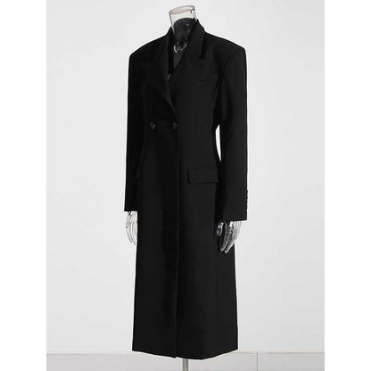 Elegant women's black maxi blazer coat with a double-breasted design and tailored fit