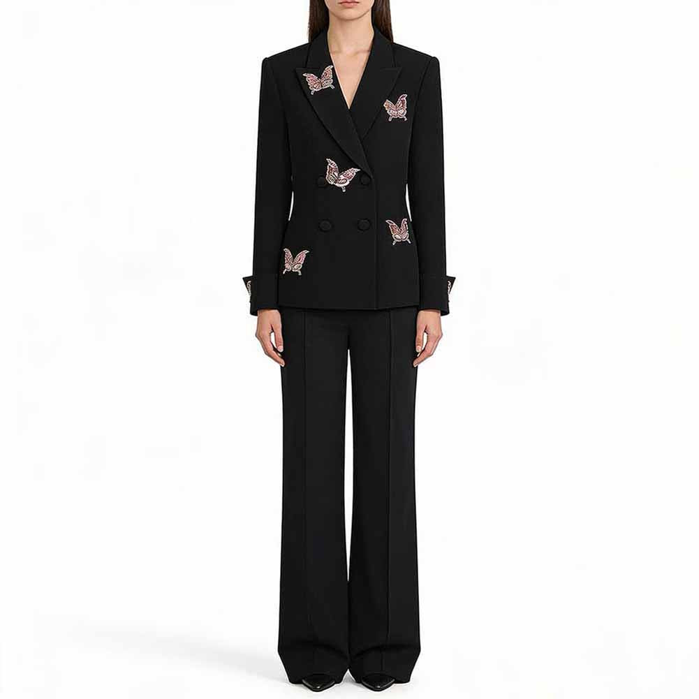SD Dresscode women's black midi skirt suit with embroidered butterfly details and tailored fit