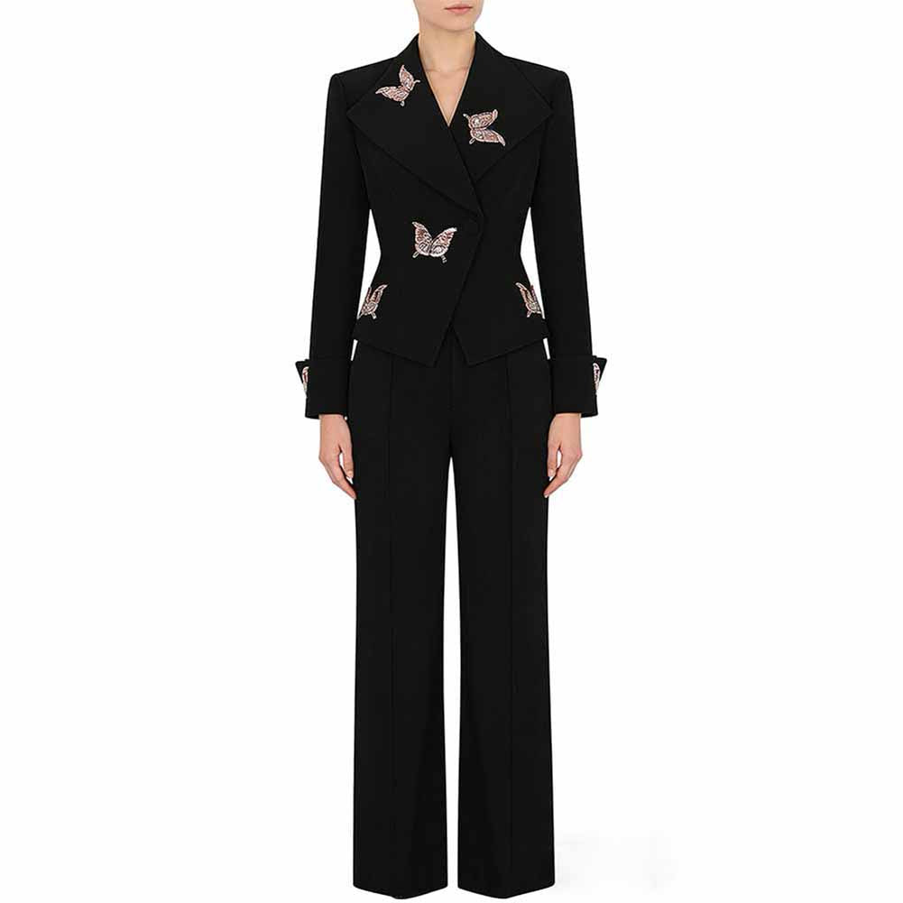 Elegant SD Dresscode women's black midi skirt suit with butterfly embellishments and a tailored fit