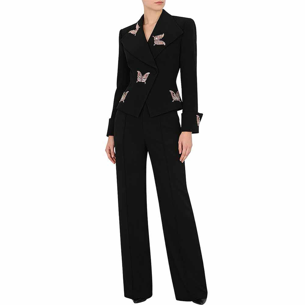 Elegant women's black midi skirt suit by SD Dresscode & Fashiontrends with butterfly embellishments