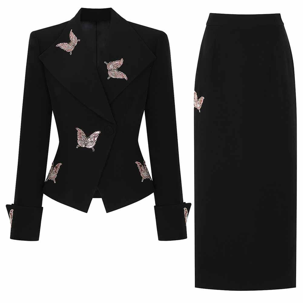 SD Dresscode women's black midi skirt suit with butterfly embroidery for stylish occasions