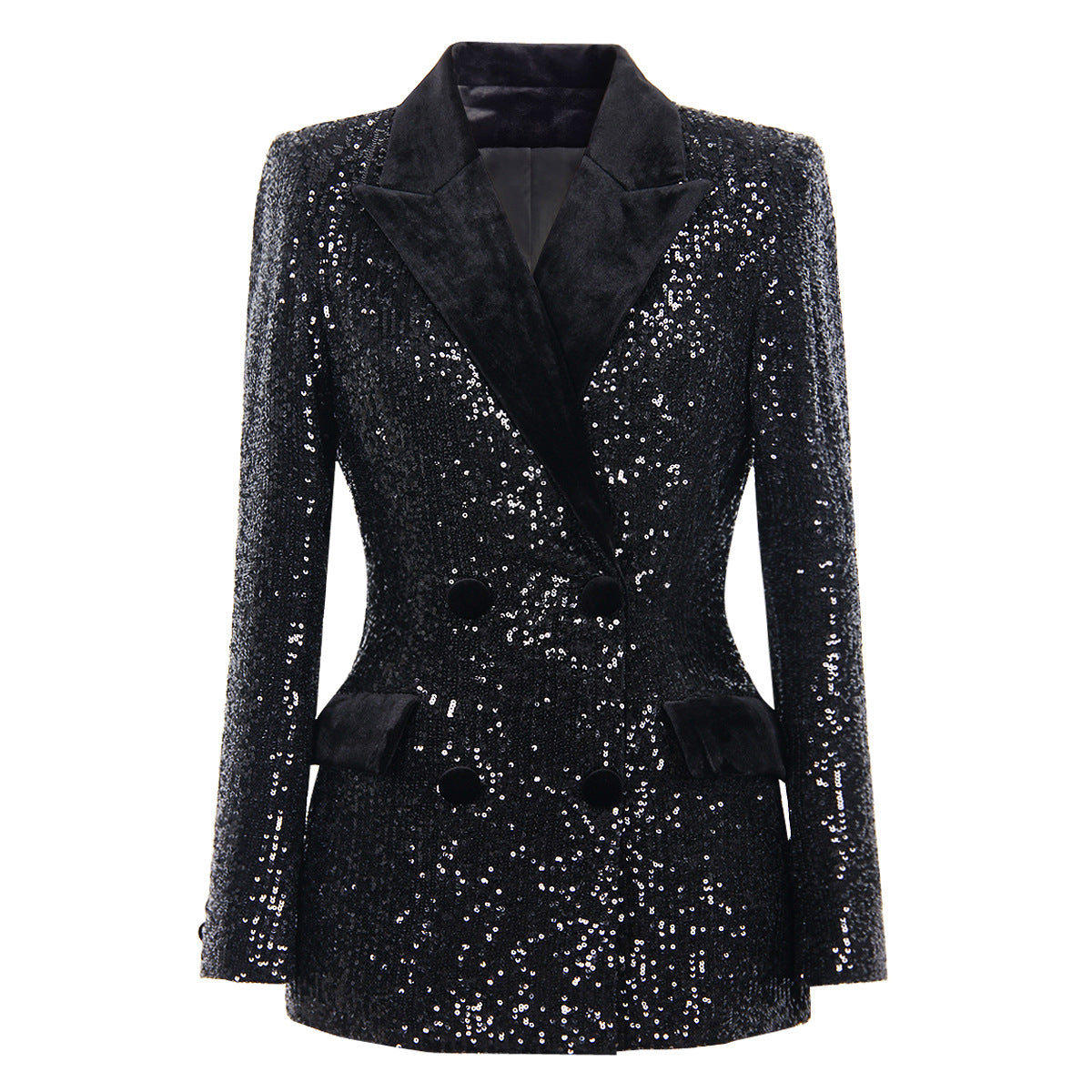 Stylish women's black sequin blazer featuring a double-breasted design and elegant lapels