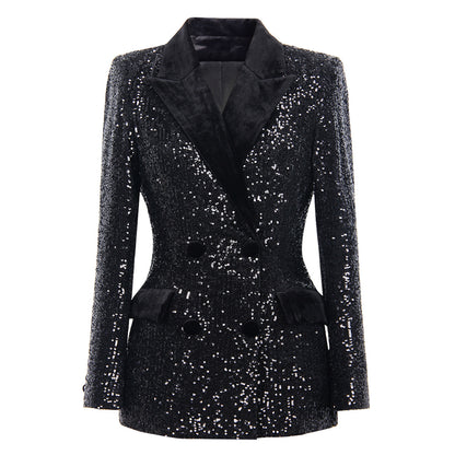 Stylish women's black sequin blazer featuring a double-breasted design and elegant lapels